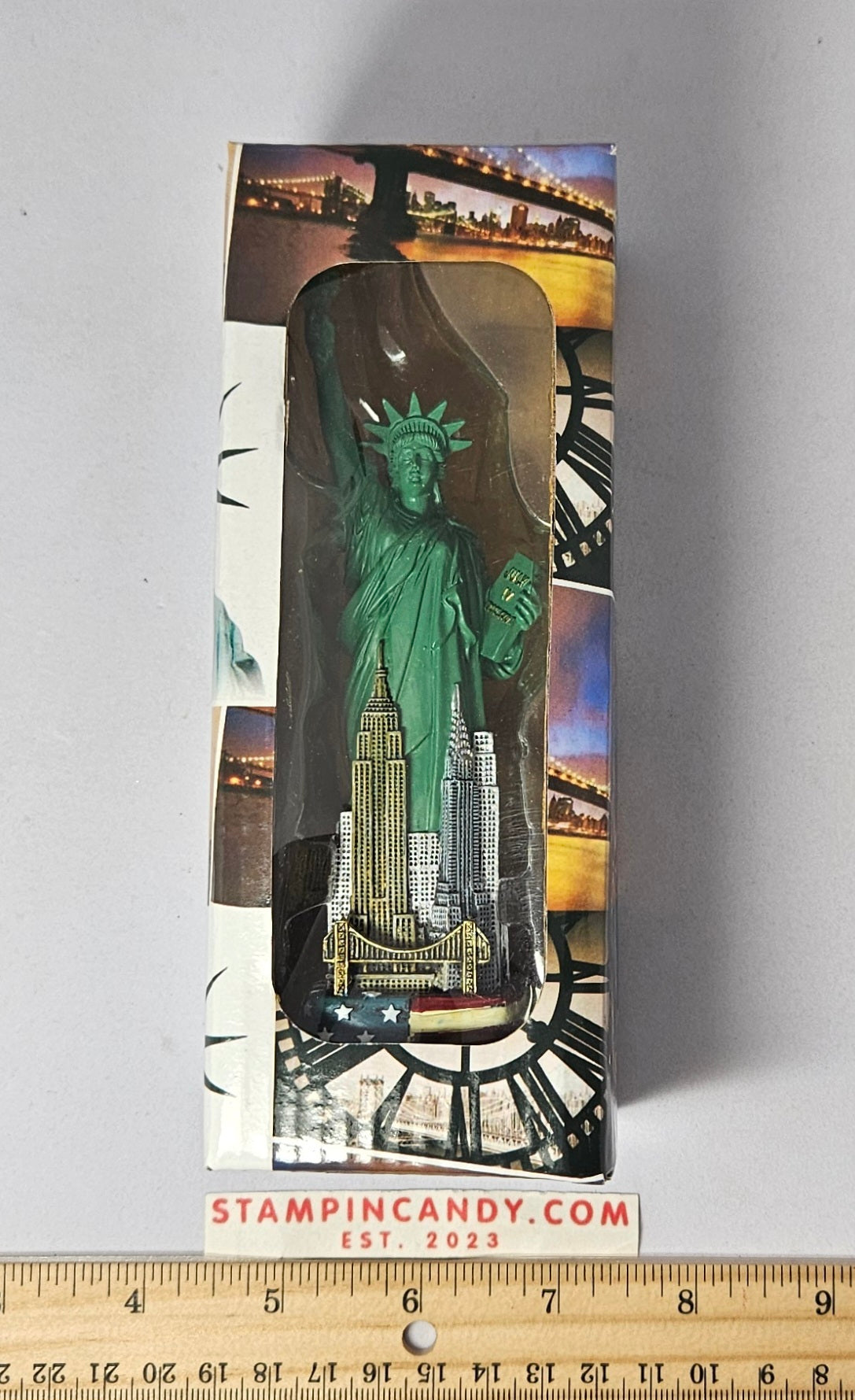 Statue of Liberty Souvenir with NYC Skyline and American Flag Base