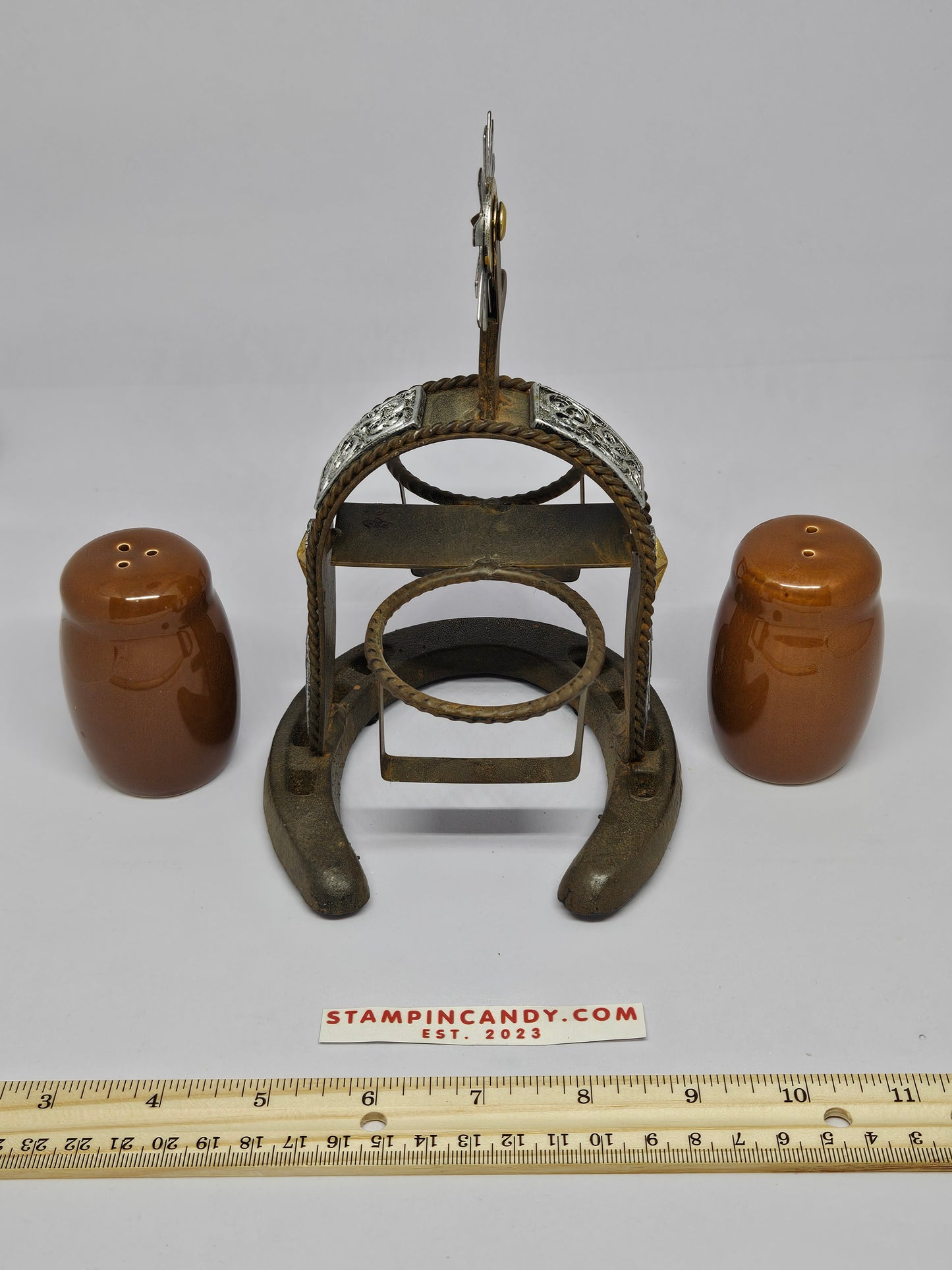 Vintage Cast Iron Horse Shoe with Spur Holder - Salt and Pepper Shakers