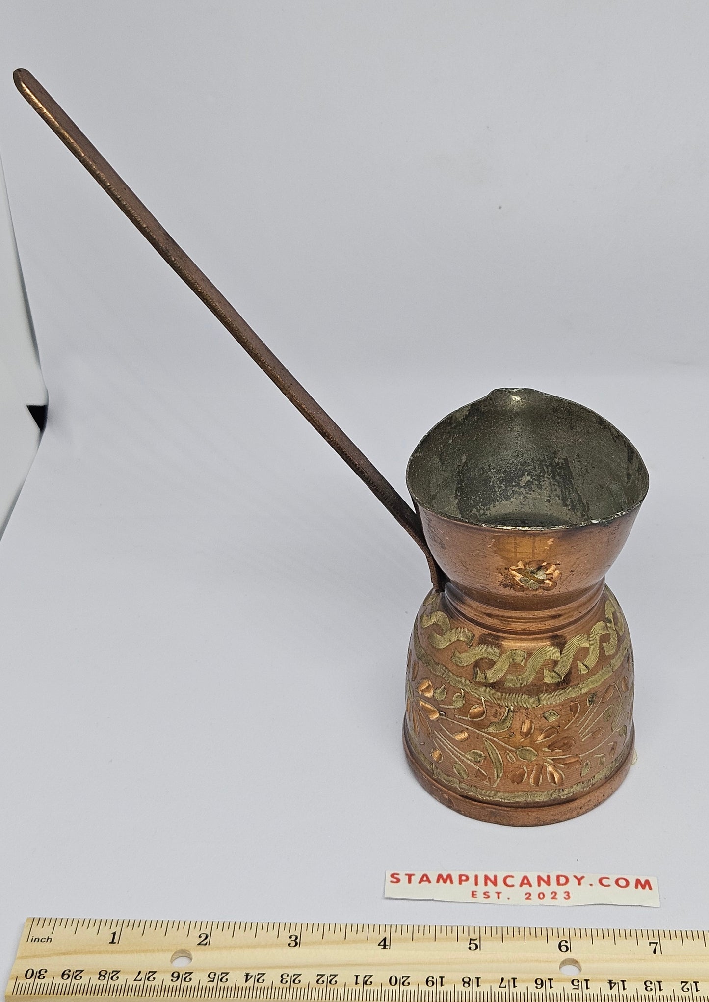 Vintage Copper Turkish Coffee Pot / Drinking Ladle - Engraved Flowers Design