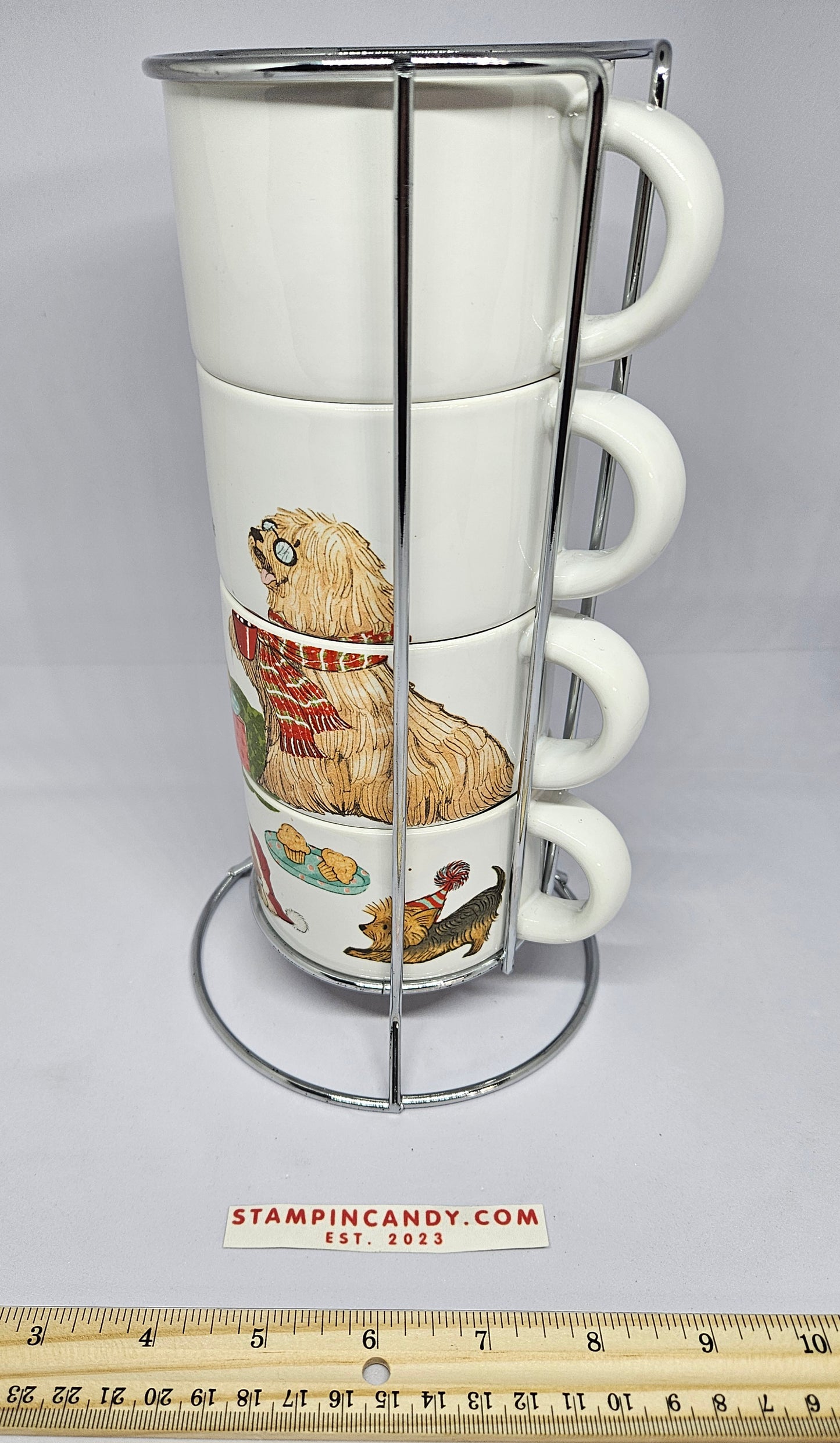 Pier One - Christmas Morning Pups - 4x Mugs and Wire Tower Holder