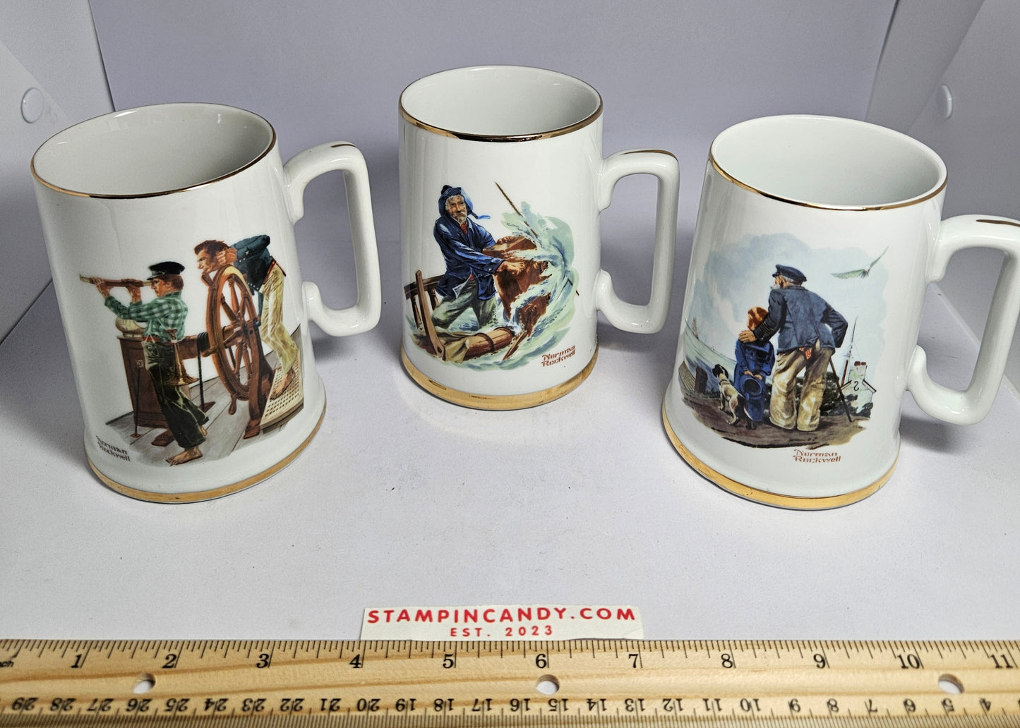 Norman Rockwell - Long John Silvers - 3x Mugs "Looking Out To Sea", "Braving The Storm" and "River Pilot"