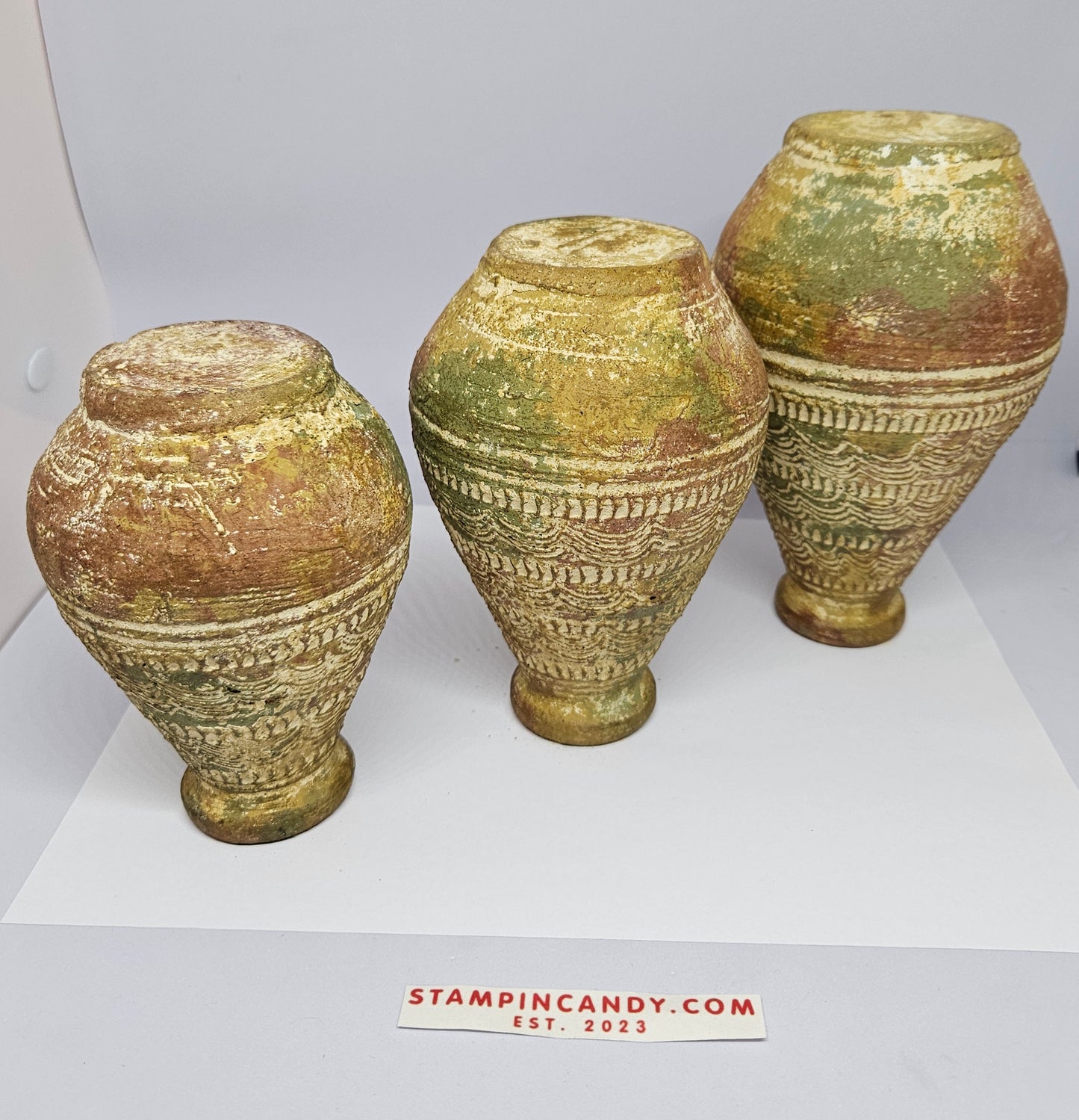 Vintage Hand-Carved Stoneware Vases - Set of 3