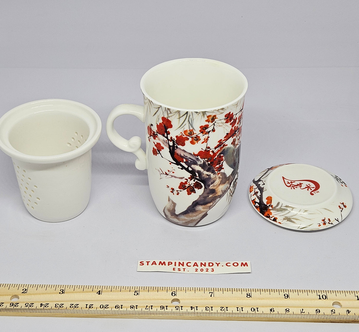 Teavana Ceramics - Tea Mug with Doves & Blossoms with Strainer and Lid