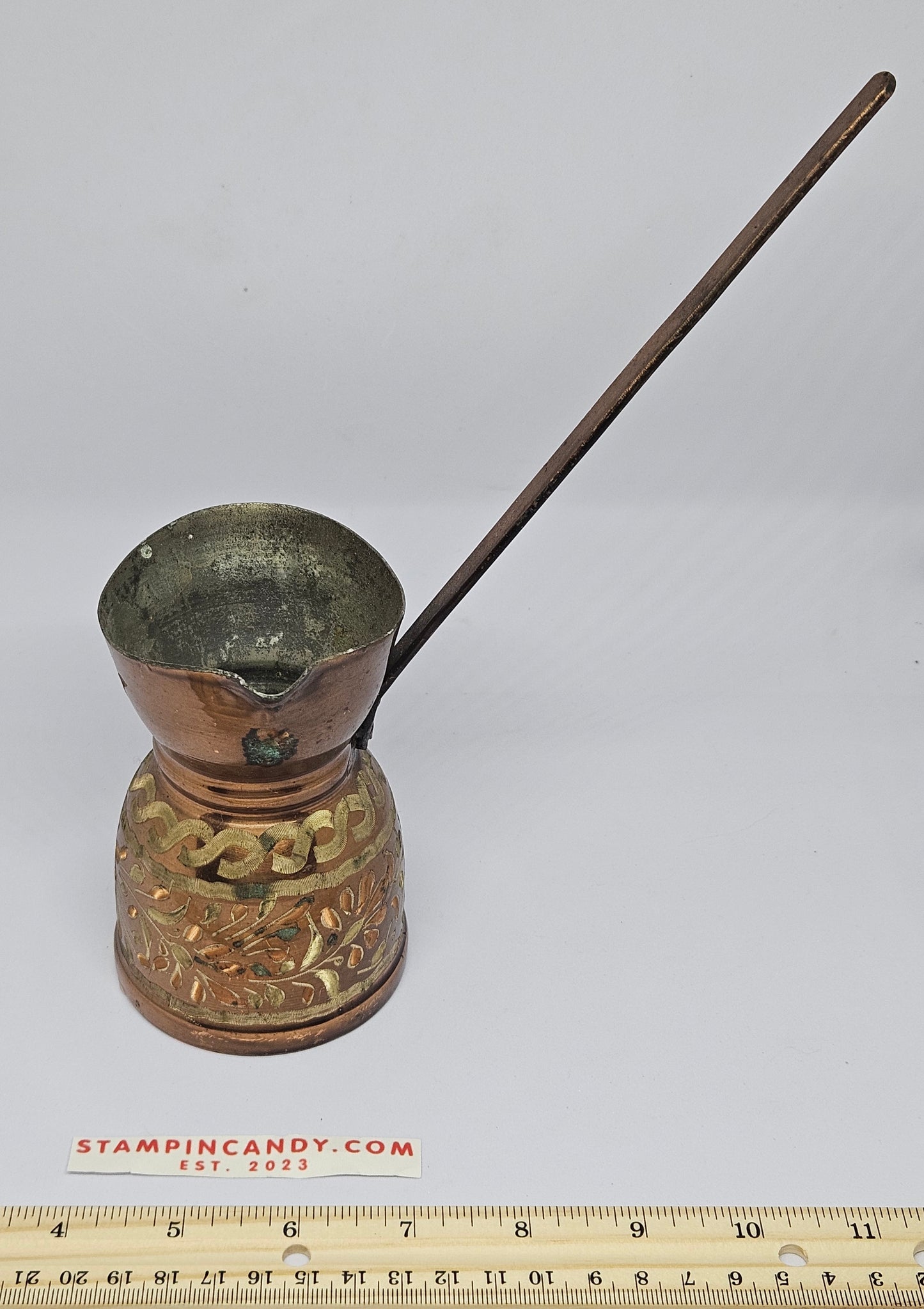 Vintage Copper Turkish Coffee Pot / Drinking Ladle - Engraved Flowers Design