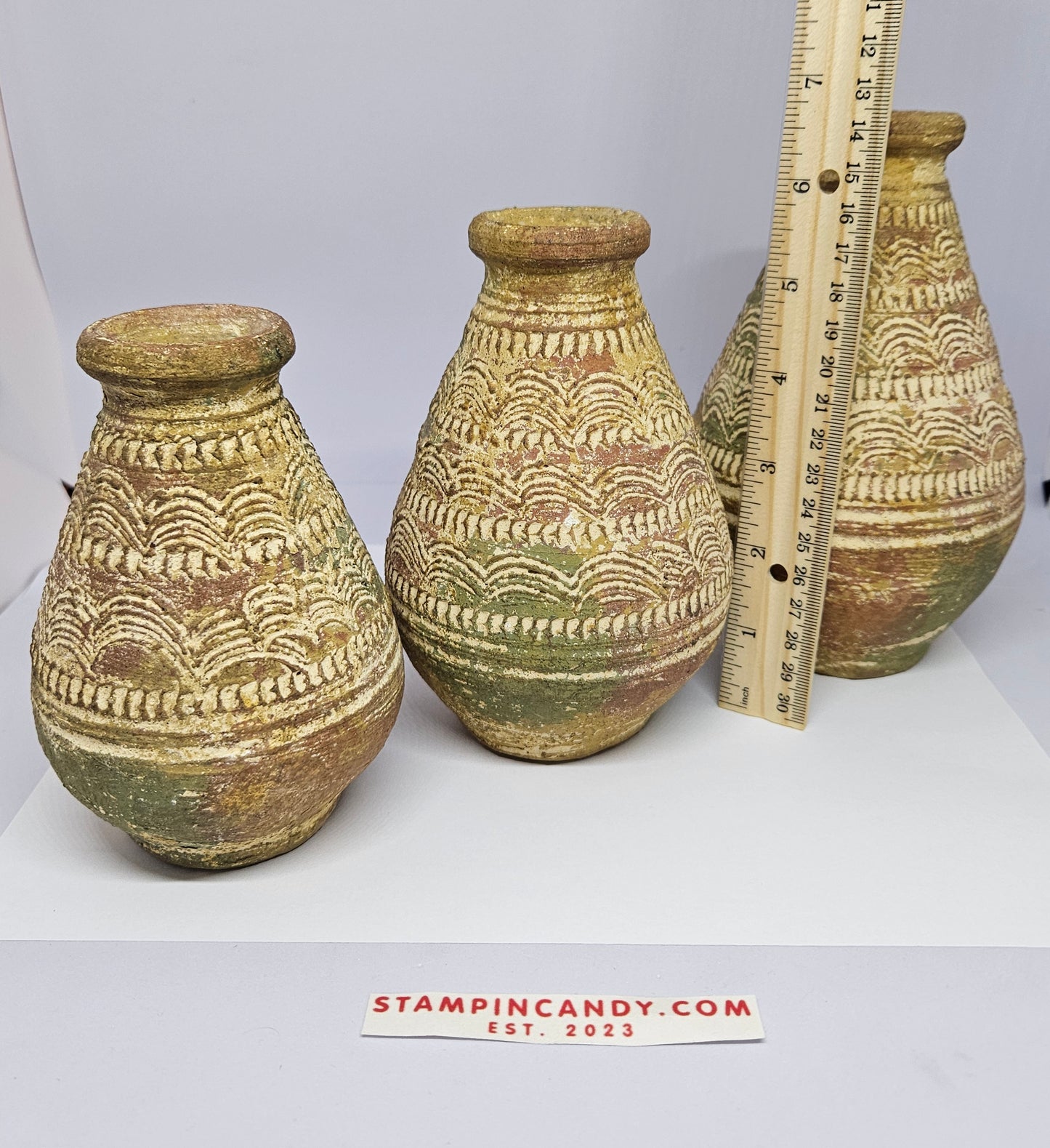 Vintage Hand-Carved Stoneware Vases - Set of 3