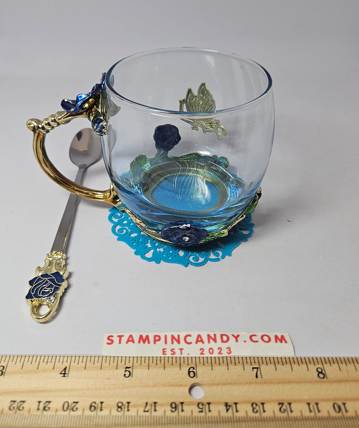 Glassyfi Tea Cup with Butterfly/Flower Design and Spoon