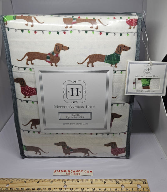 Modern Southern Home - Wiener Dog Print - 100% Cotton Flannel Queen Sheet Set