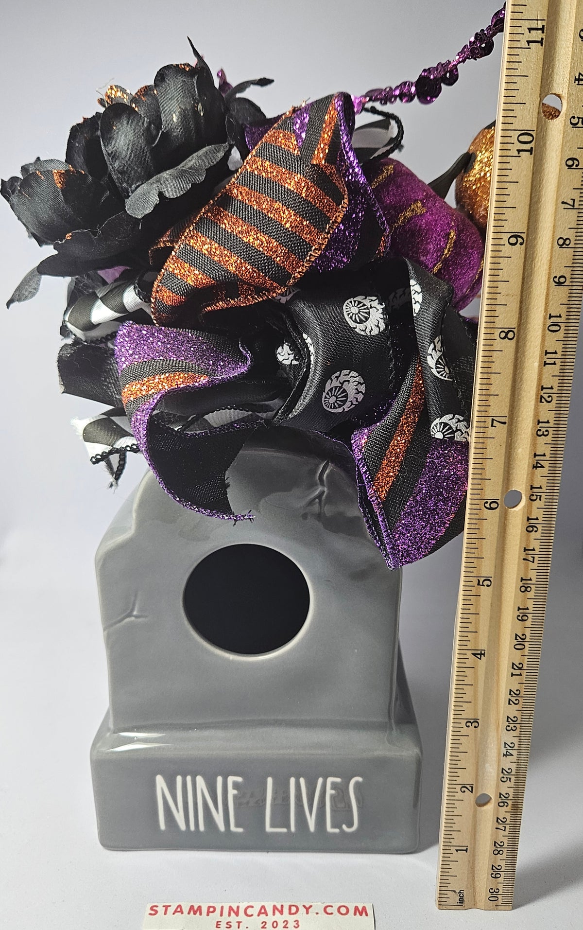 Rae Dunn - Halloween "Nine Lives" Tombstone Floral Arrangement Bird House