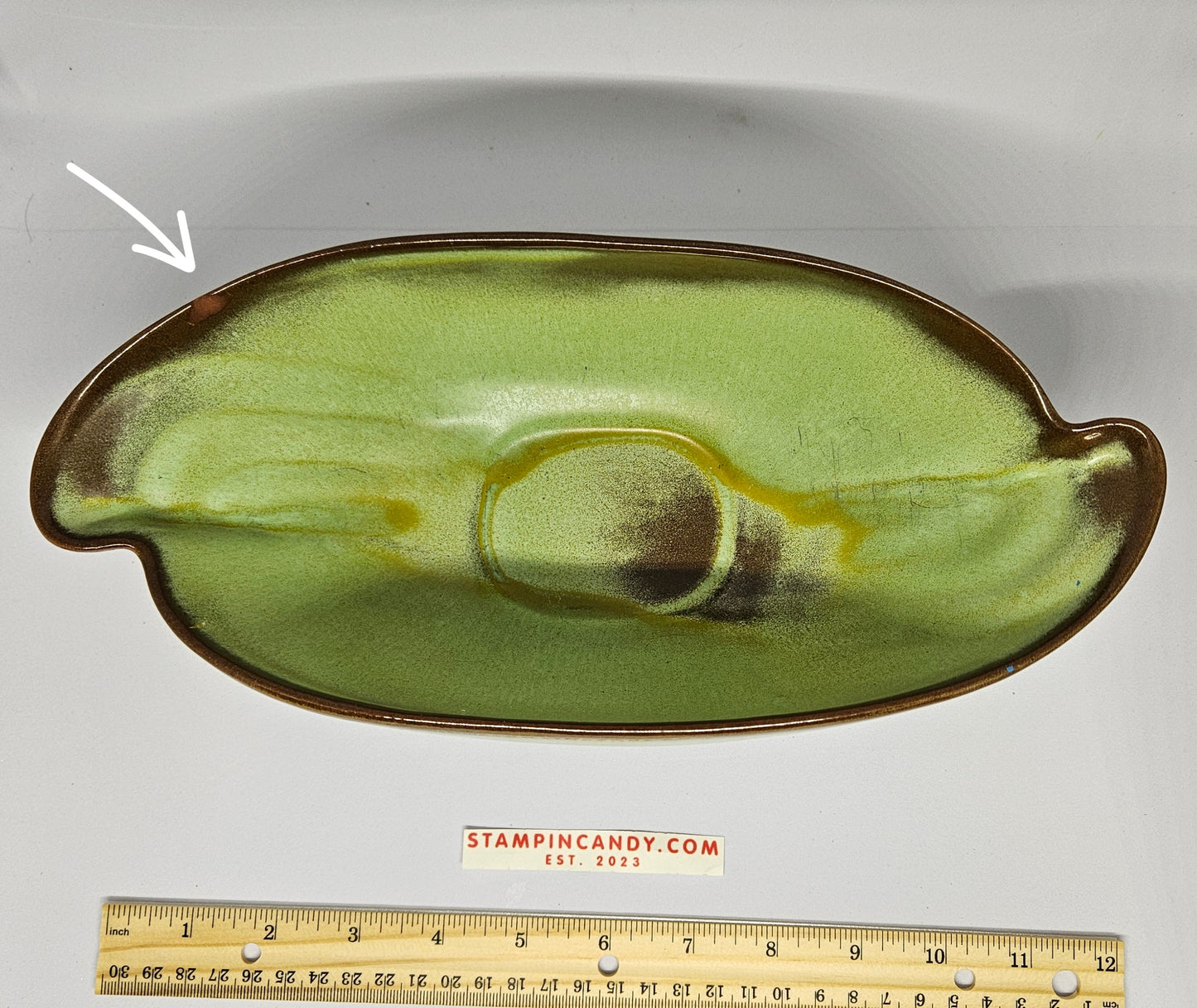 Frankoma Pottery 202 - Elongated Green/Brown Bowl