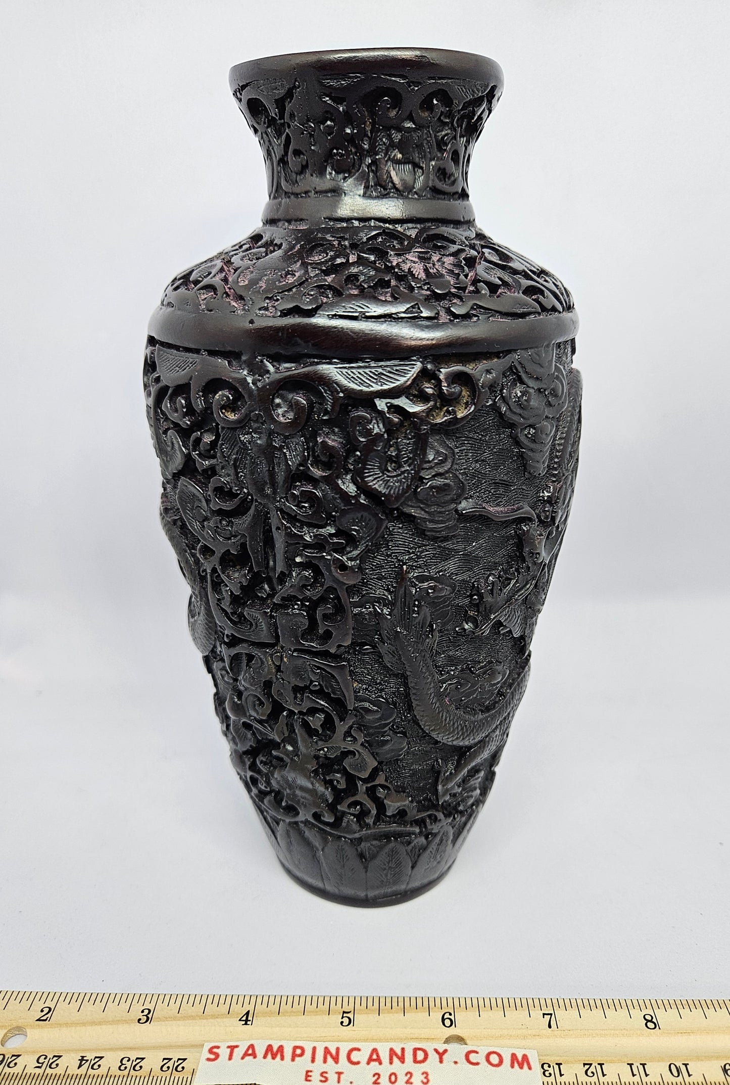 Vintage 9" Cinnabar Black Chinese High Relief Carved Dragon Vase