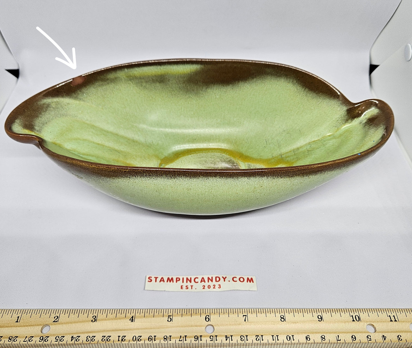 Frankoma Pottery 202 - Elongated Green/Brown Bowl