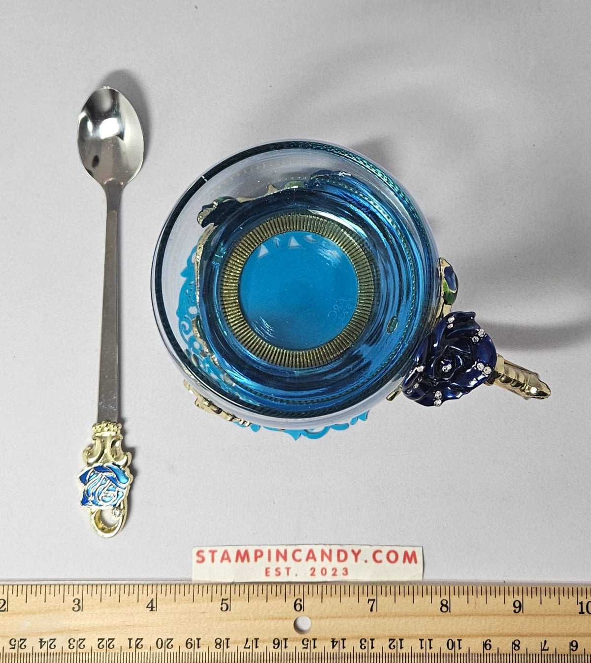 Glassyfi Tea Cup with Butterfly/Flower Design and Spoon