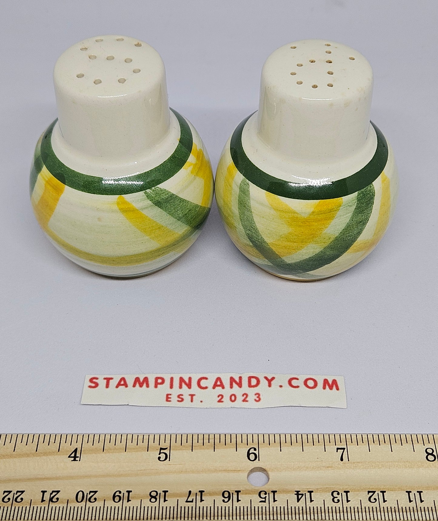 Vintage Gringham Vernonware 1948-58 Salt & Pepper Shakers - Vernon Kilns Yellow Green Plaid