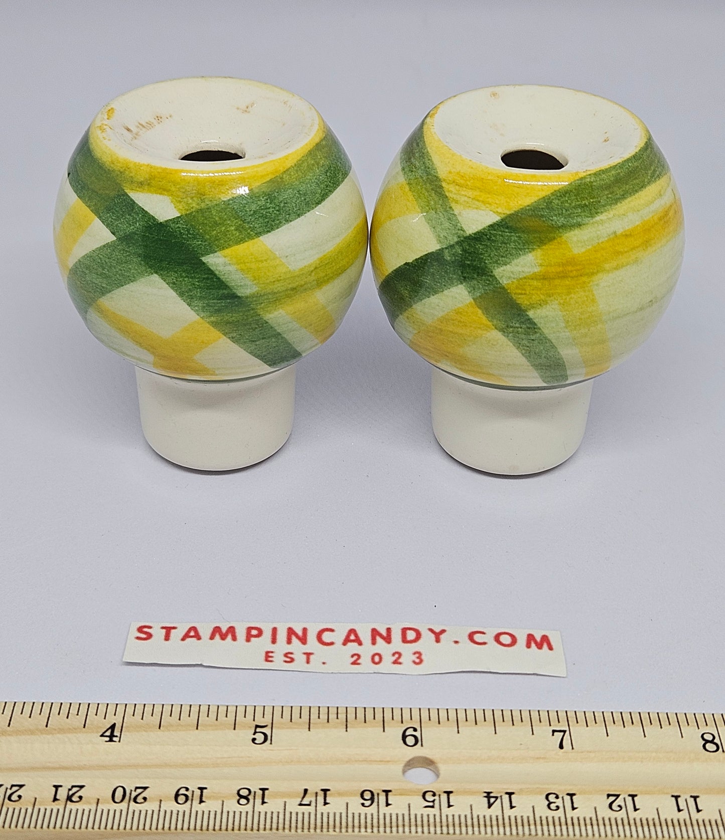 Vintage Gringham Vernonware 1948-58 Salt & Pepper Shakers - Vernon Kilns Yellow Green Plaid