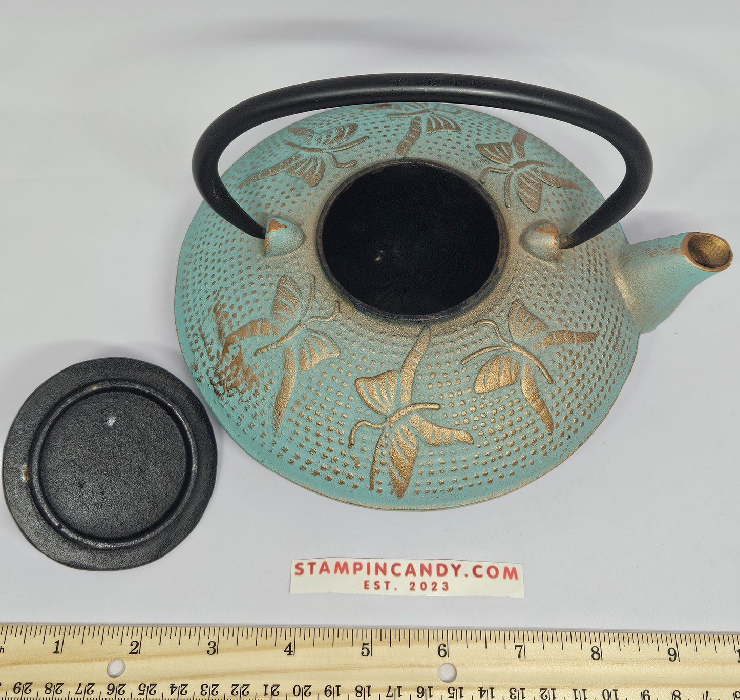 Cast Iron Teal/Gold Butterfly Teapot