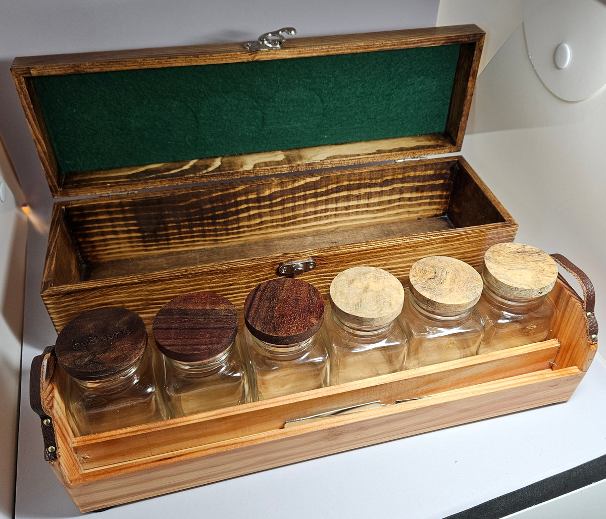 Handmade Apothecary Box with Removeable Tray and 6 Bottles