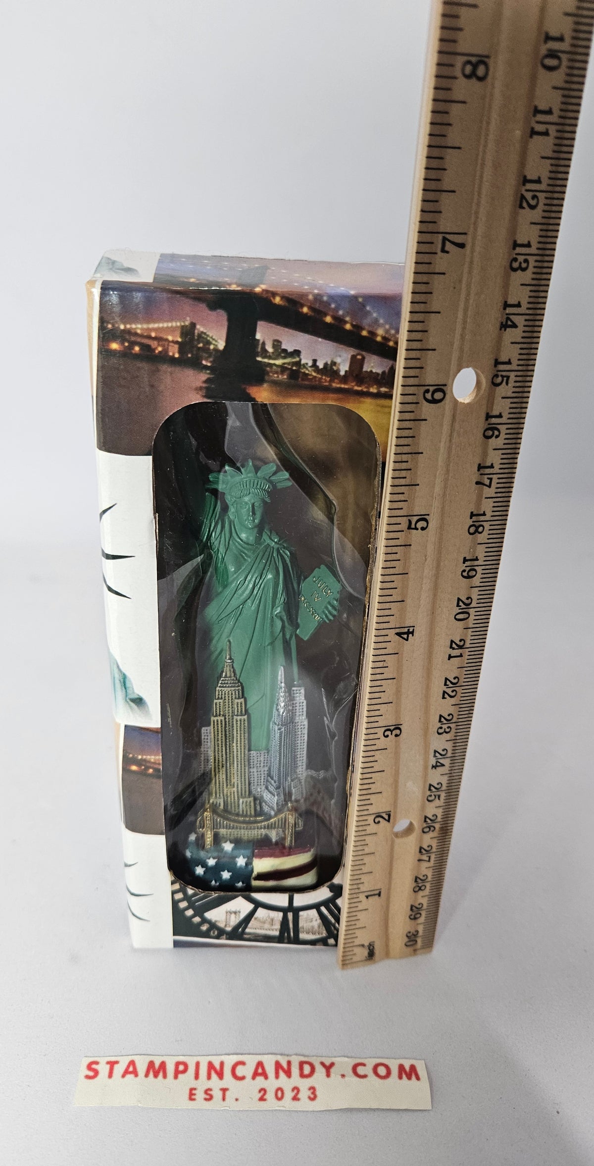 Statue of Liberty Souvenir with NYC Skyline and American Flag Base