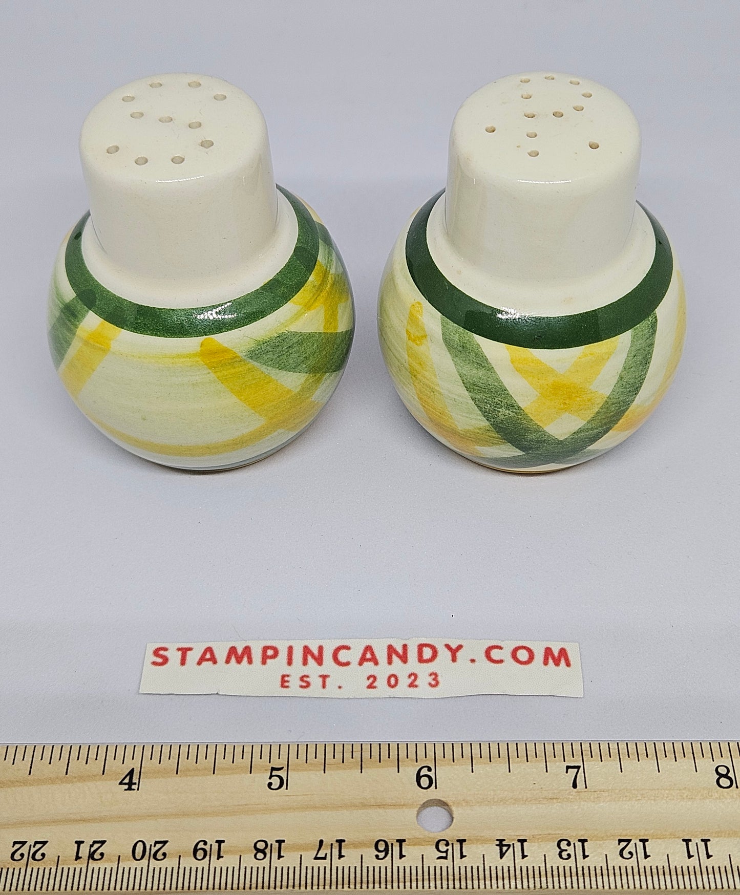 Vintage Gringham Vernonware 1948-58 Salt & Pepper Shakers - Vernon Kilns Yellow Green Plaid