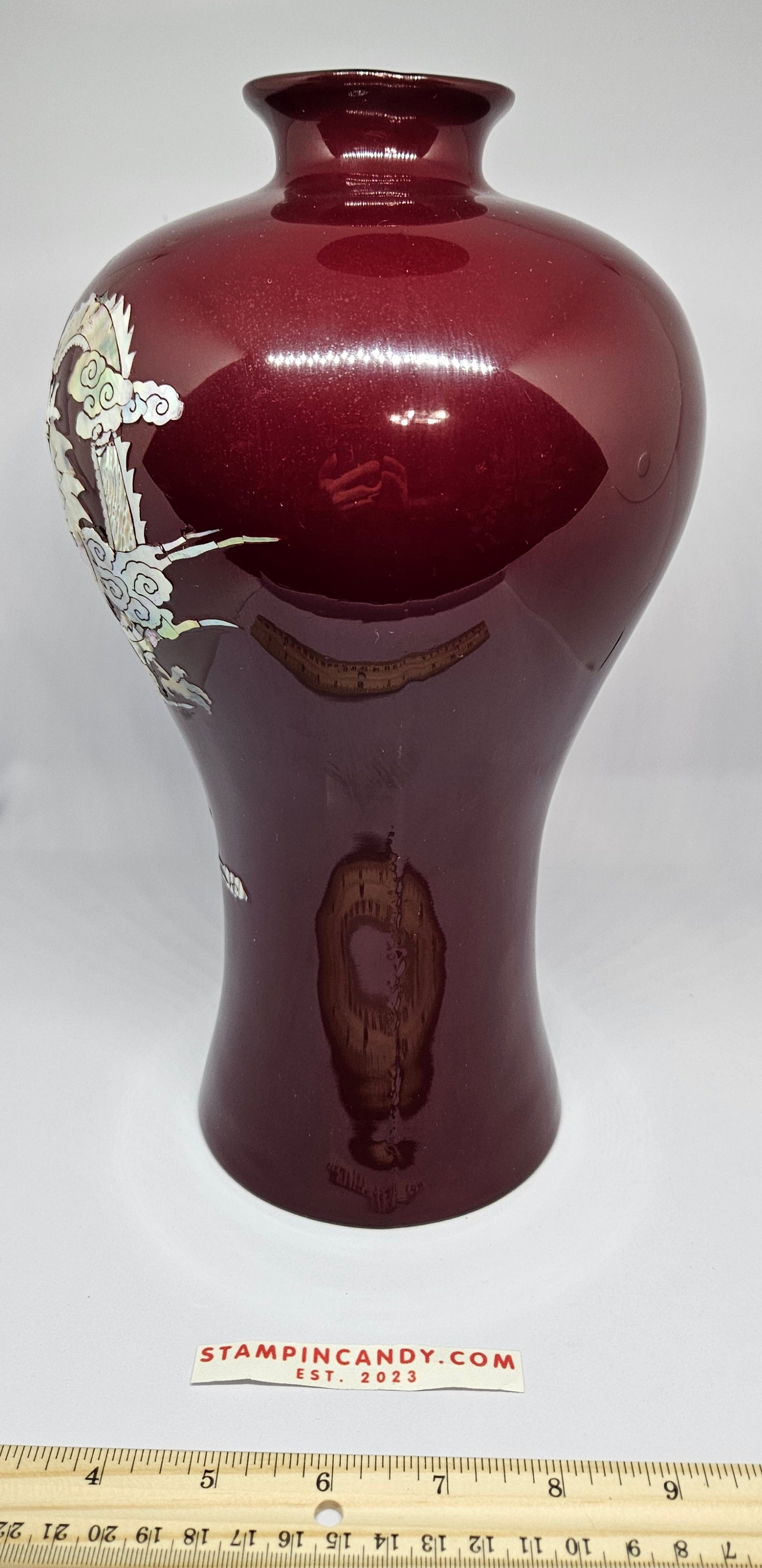 Dragon Vase - Maroon Lacquered Mother of Pearl Inlayed