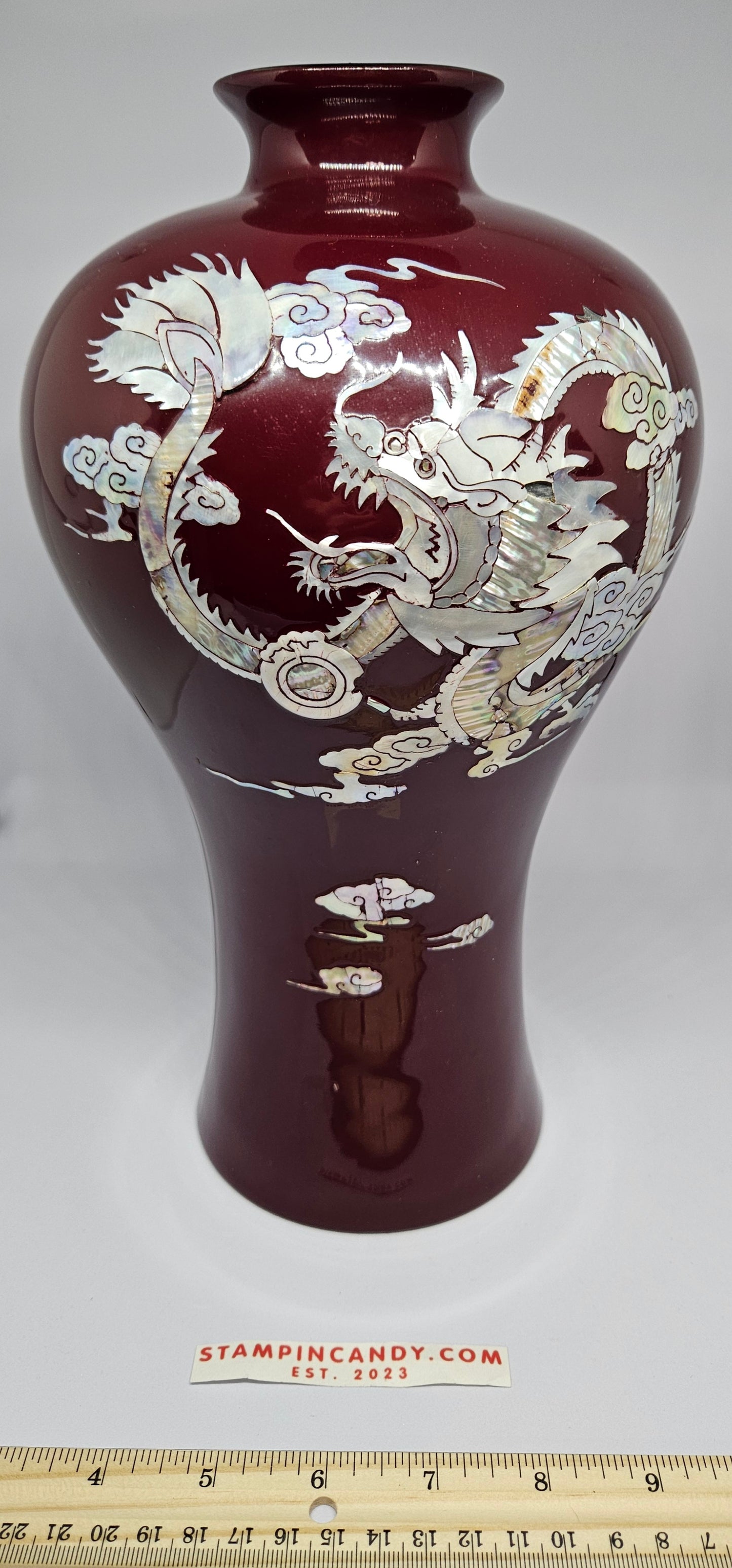 Dragon Vase - Maroon Lacquered Mother of Pearl Inlayed