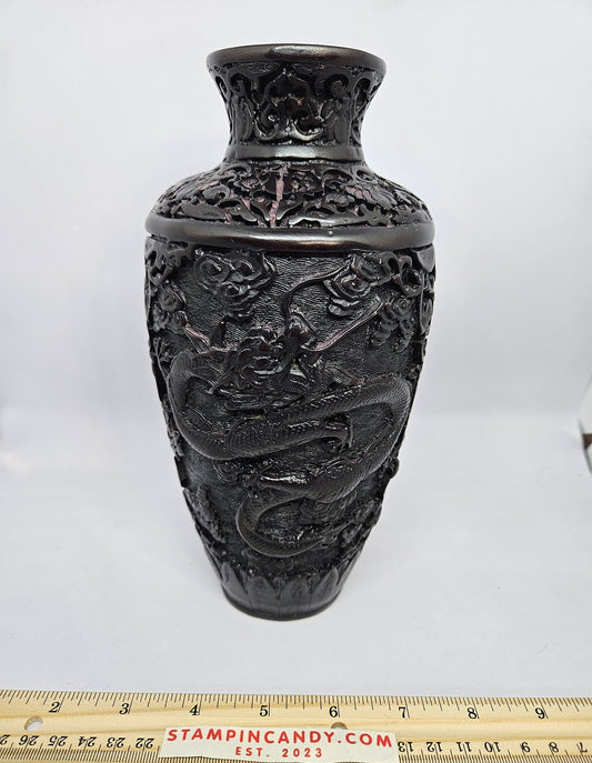 Vintage 9" Cinnabar Black Chinese High Relief Carved Dragon Vase