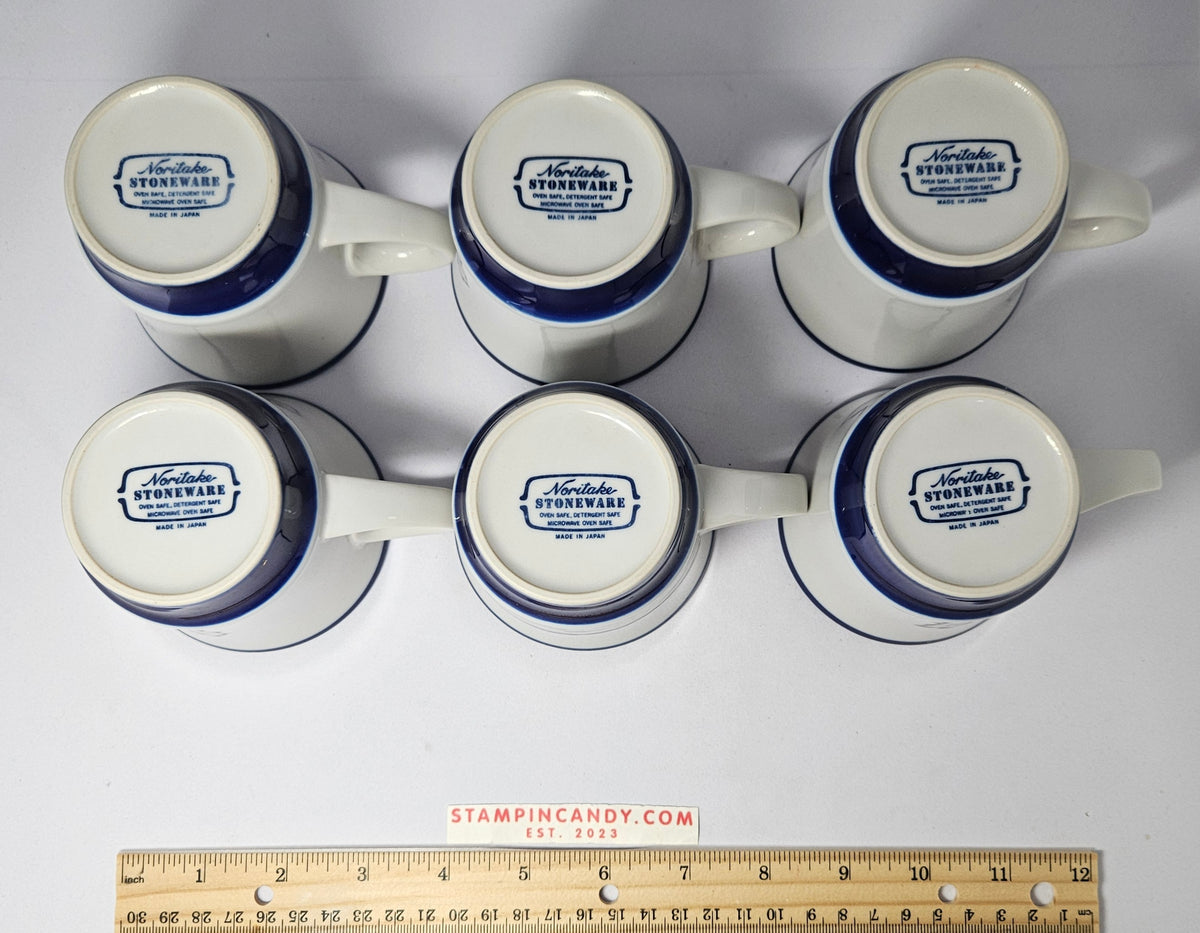 6x Noritake Stoneware Japanese Blue/White Mugs