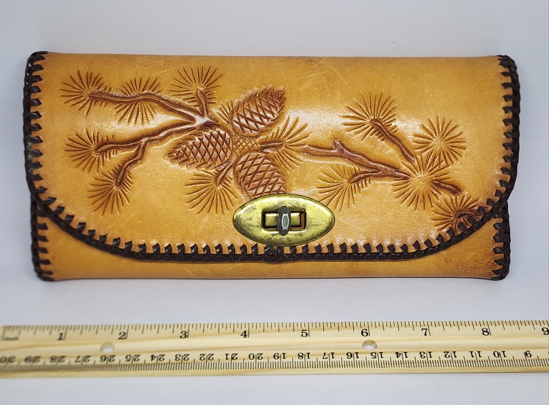 Tree & Pinecone Design Hand Tooled Leather Wallet