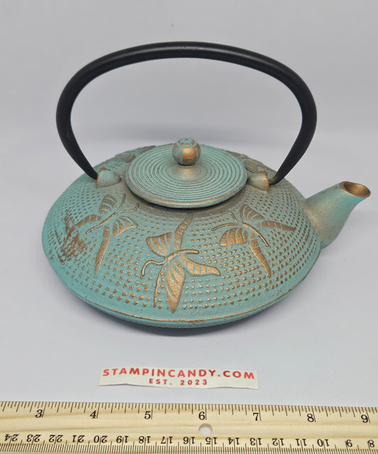 Cast Iron Teal/Gold Butterfly Teapot