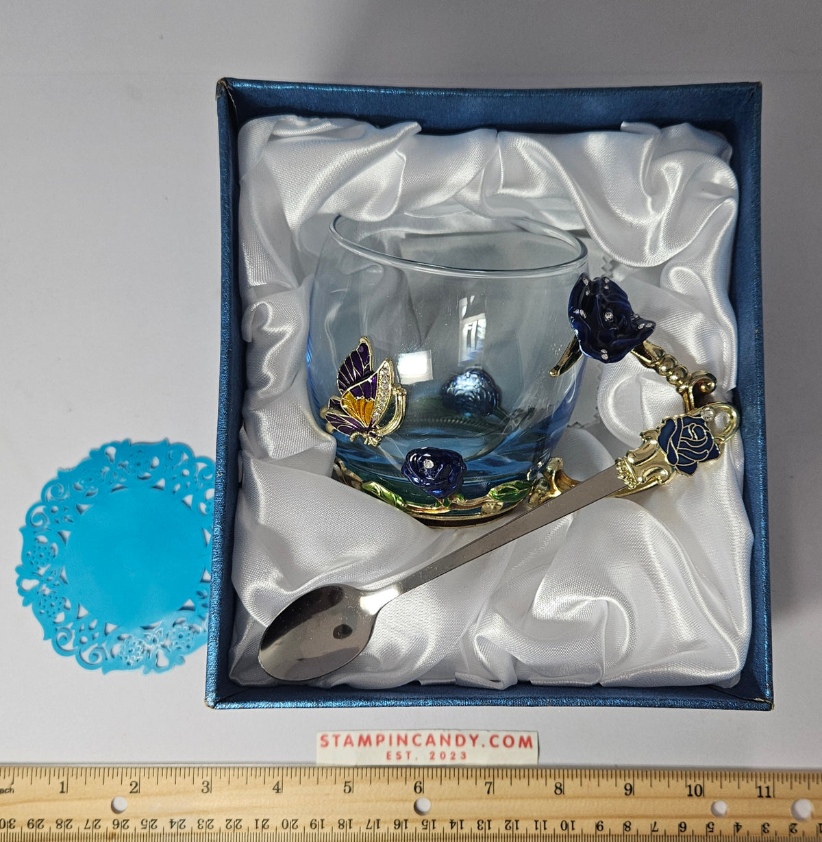 Glassyfi Tea Cup with Butterfly/Flower Design and Spoon