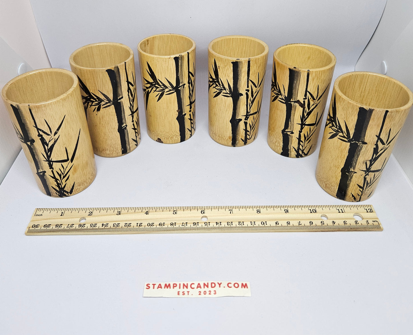 Vintage Bamboo Hand-Painted Cups x 6