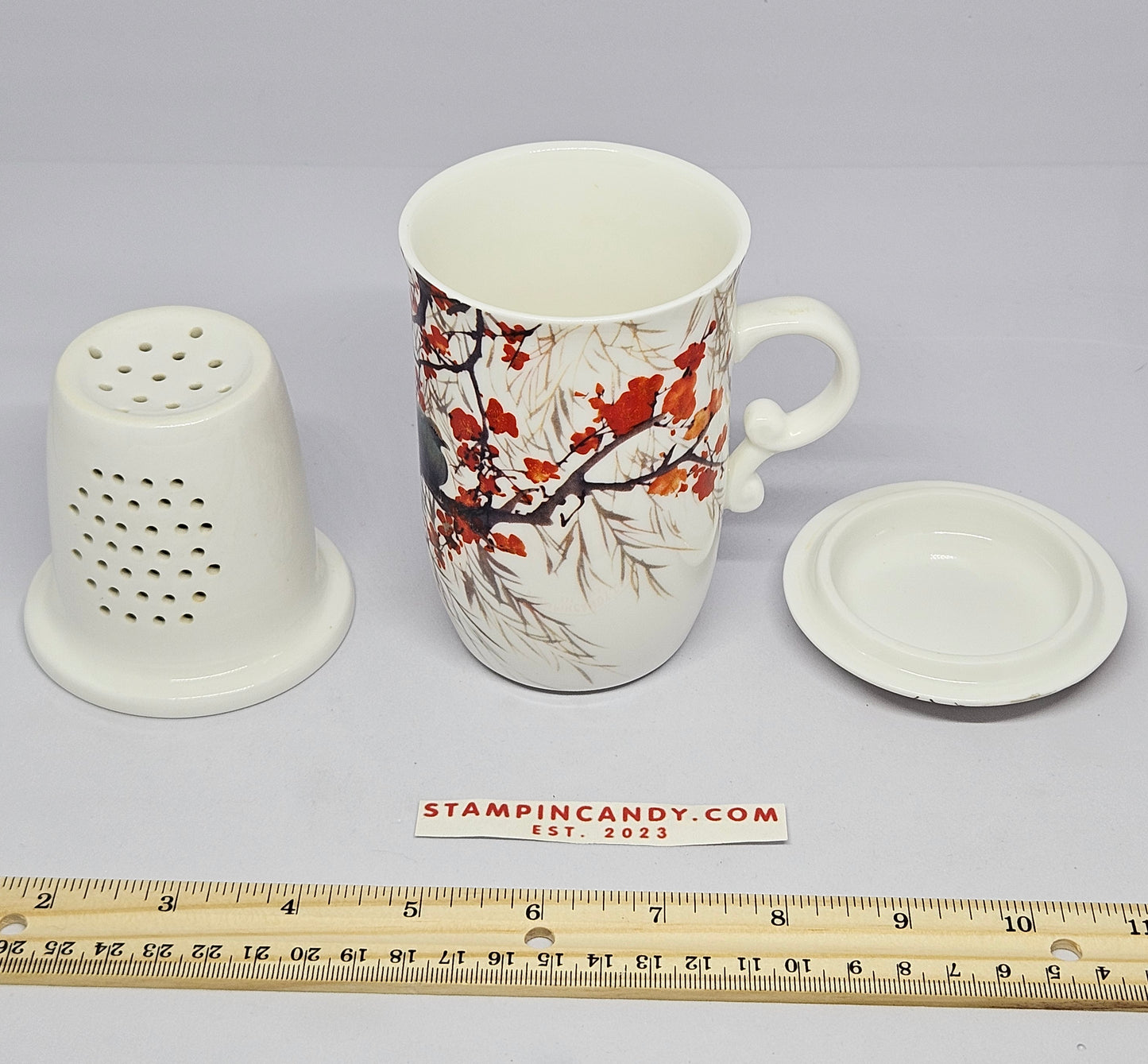 Teavana Ceramics - Tea Mug with Doves & Blossoms with Strainer and Lid