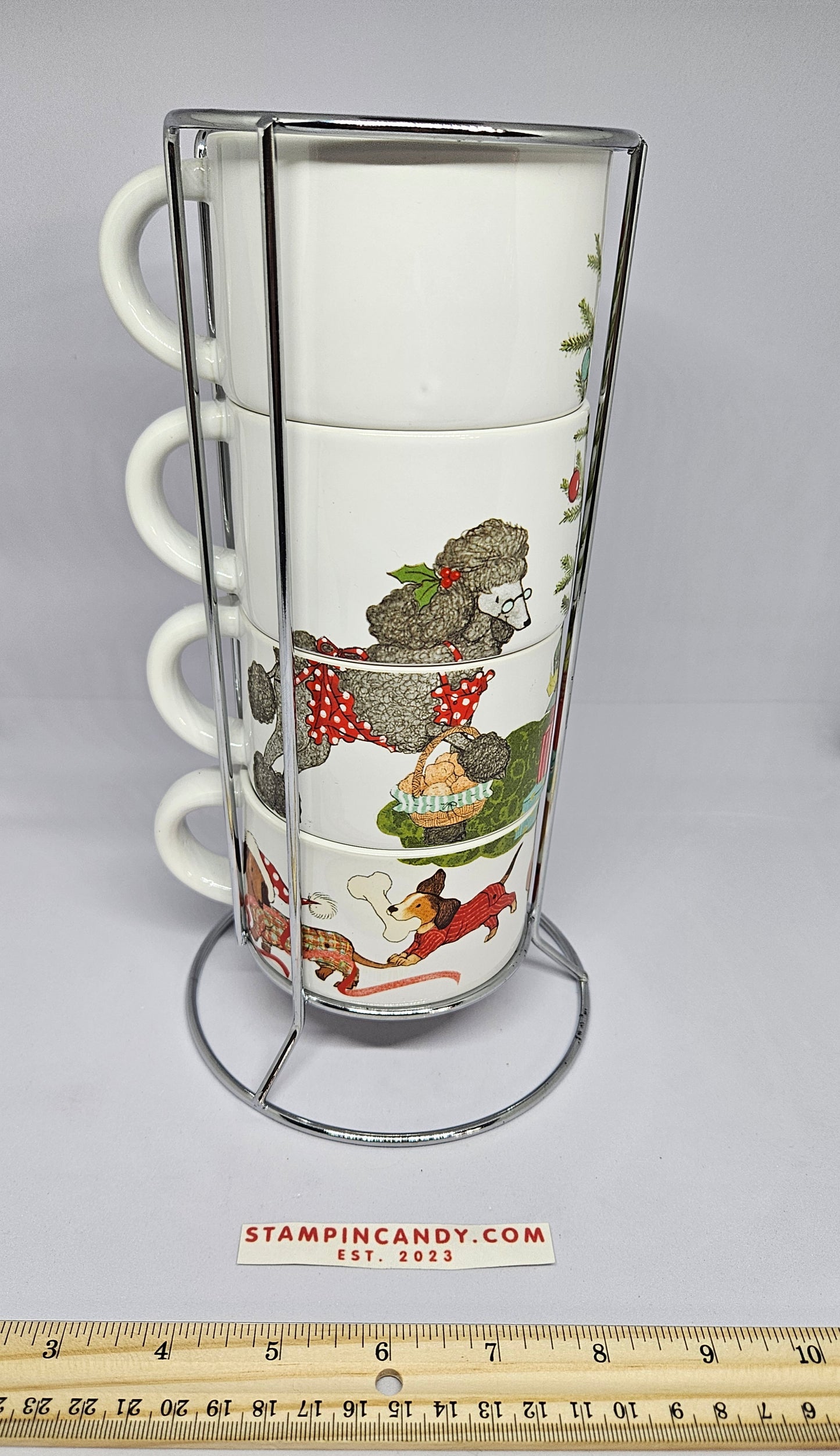 Pier One - Christmas Morning Pups - 4x Mugs and Wire Tower Holder