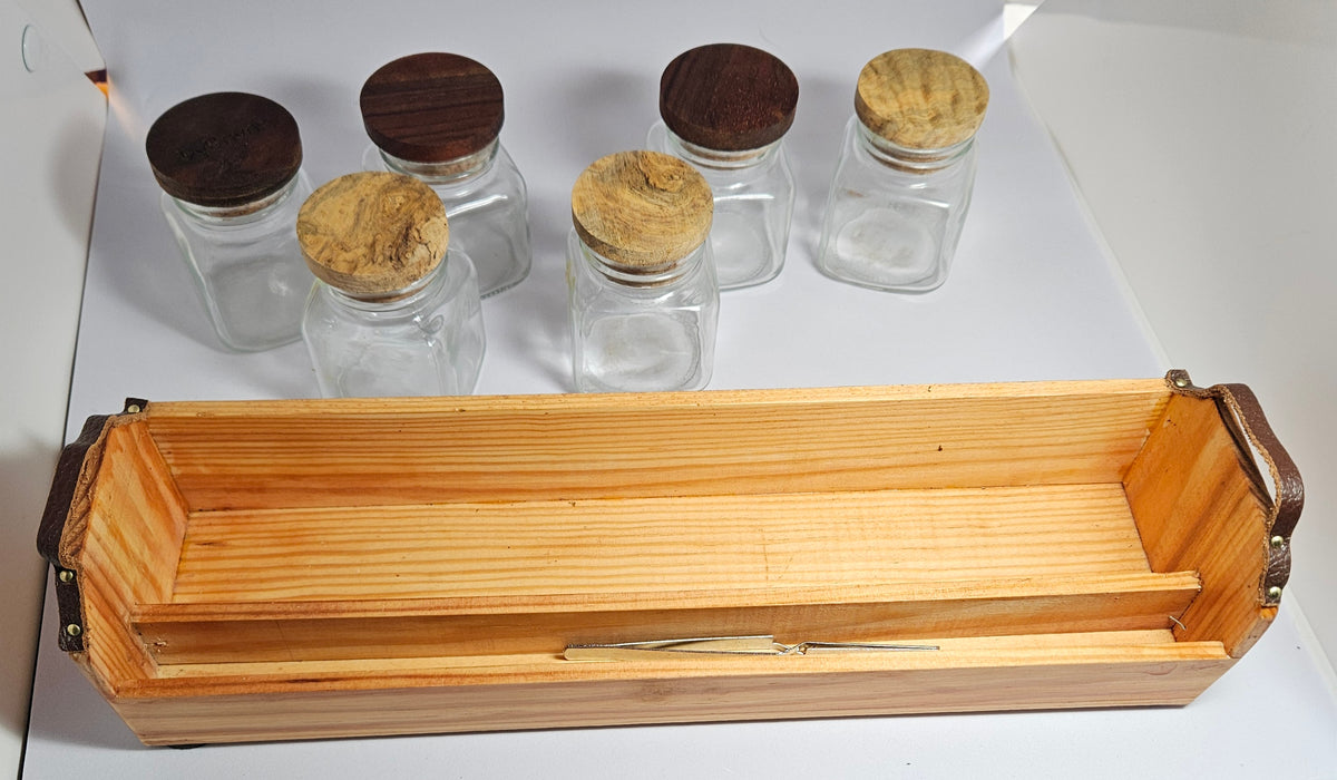 Handmade Apothecary Box with Removeable Tray and 6 Bottles
