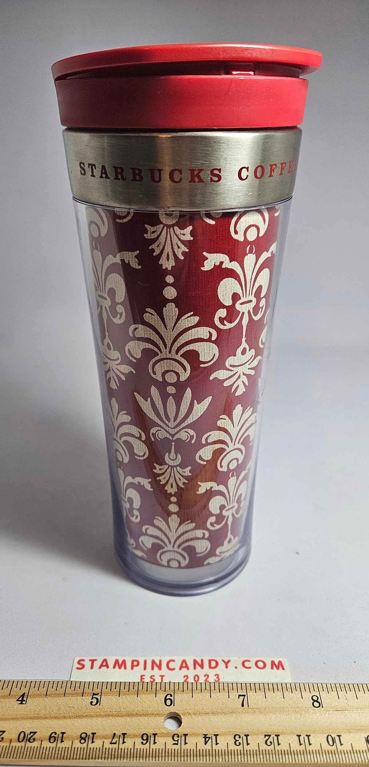 Starbucks 2019 - 12 oz Red Damask Fleur De Lis Patterned Tumbler