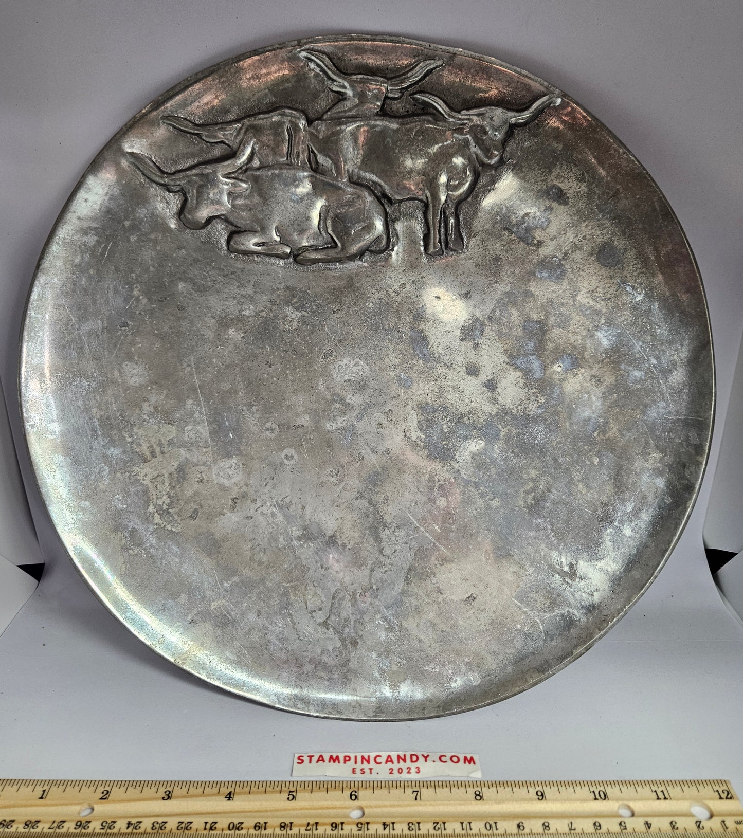 Pewter Longhorn 12.5 inch Round Serving Platter/Plate