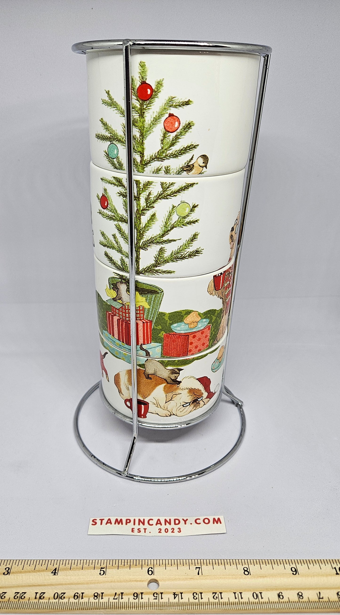 Pier One - Christmas Morning Pups - 4x Mugs and Wire Tower Holder