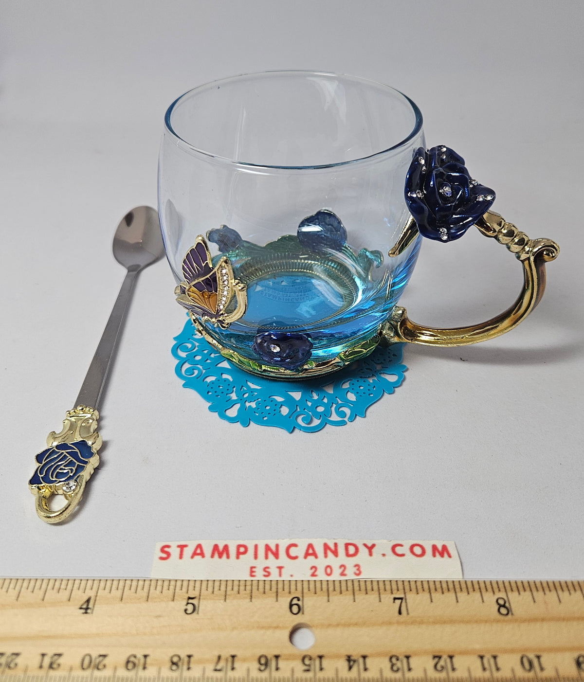 Glassyfi Tea Cup with Butterfly/Flower Design and Spoon